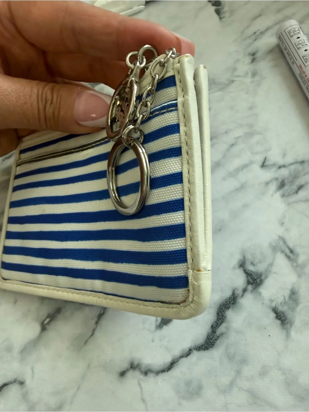 Coach POPPY RARE Blue & White Striped Card Holder WITH SEQUINS